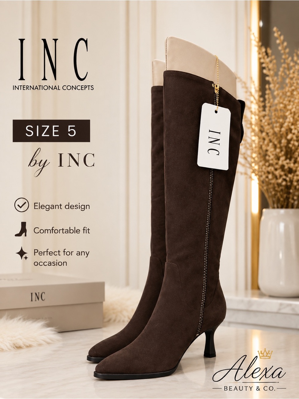 INC International Concepts Brown Knee-High Boots with Cream Cuff